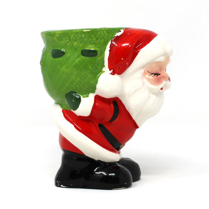 Candle Holder: Figural Santa Claus with Green Sack, Tealight Size, Japan, Vintage 1950s