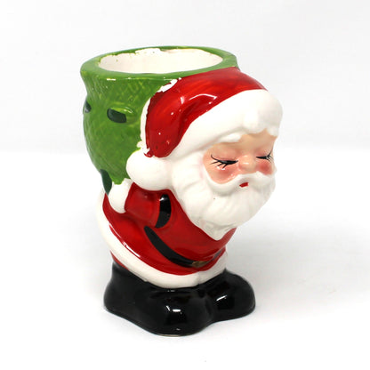Candle Holder: Figural Santa Claus with Green Sack, Tealight Size, Japan, Vintage 1950s