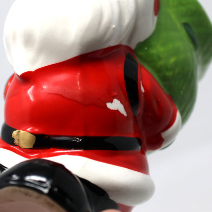 Candle Holder: Figural Santa Claus with Green Sack, Tealight Size, Japan, Vintage 1950s