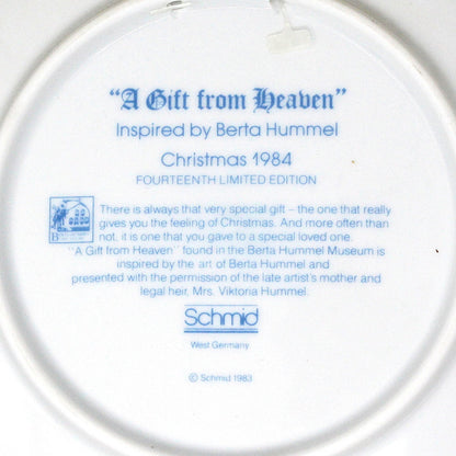 Decorative Plate, Schmid Brothers, Christmas Plate Hummel 1984, A Gift from Heaven, In Box, Vintage