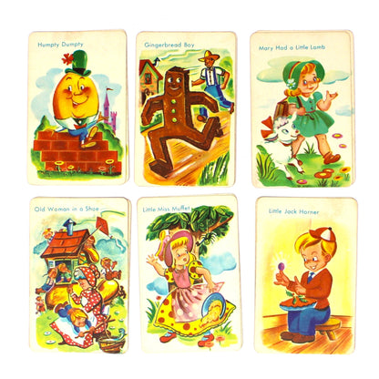 Several Nursery Rhyme character cards from a 1940s Old Maid card game by Fairchild
