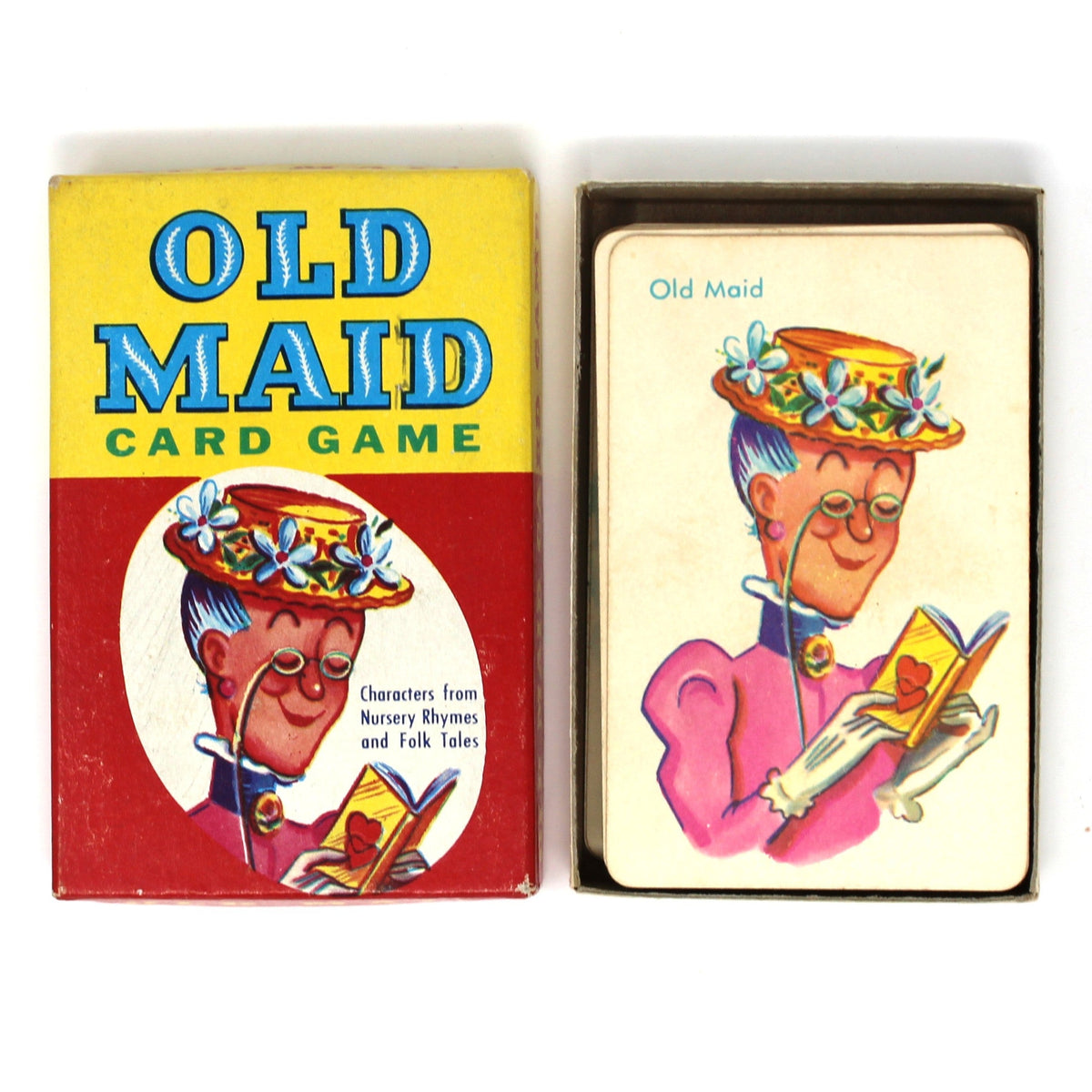Side by Side view of Old Maid card game box and old maid card.