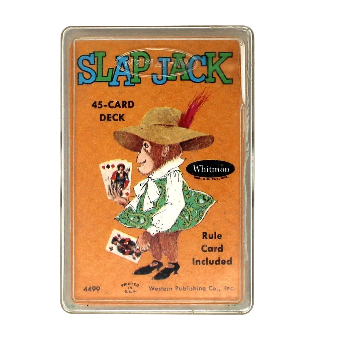Vintage Slap Jack card game from 1965 in plastic case by Whitman with Monkey in hat on card.