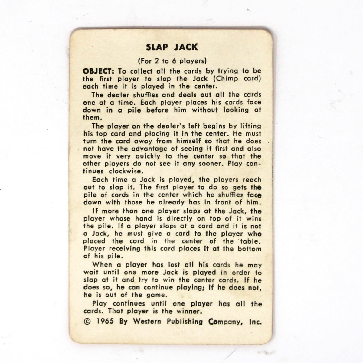 vintage Slap Jack card with Object of game and instructions dated 1965 by Western Publishing Co