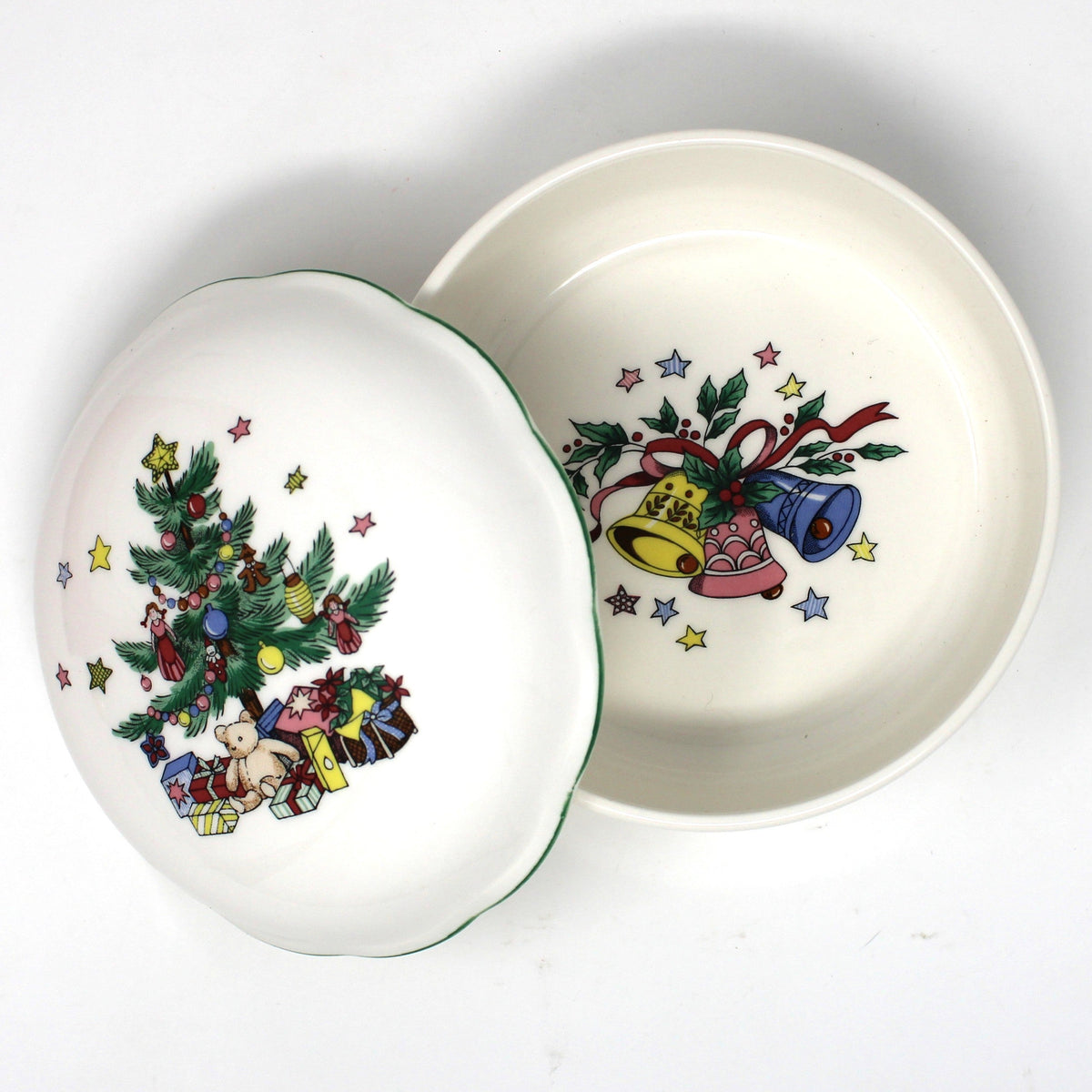 NIKKO Happy Holidays pattern.  A vintage ironstone ceramic lidded box shown open with illustrations on the lid and inside.  