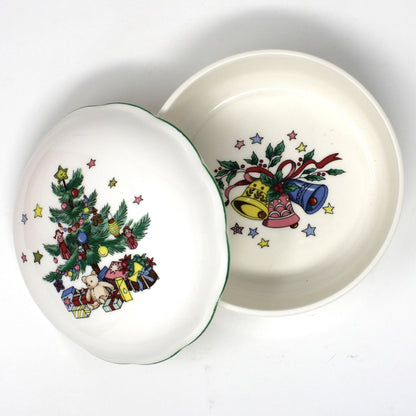 NIKKO Happy Holidays pattern.  A vintage ironstone ceramic lidded box shown open with illustrations on the lid and inside.  