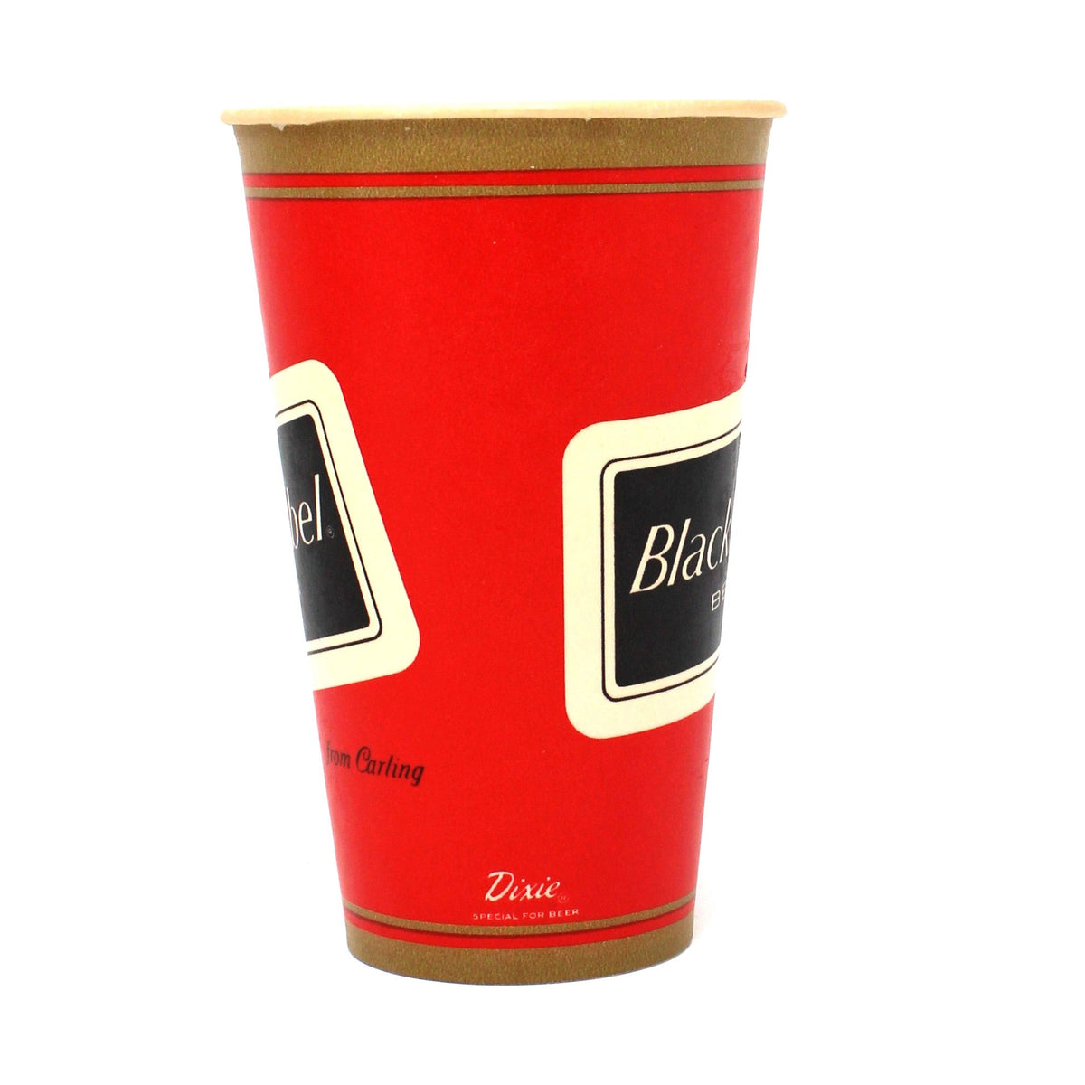 Side view of a vintage unused red paper cup, promotional item for Carling Black Label Beer.  