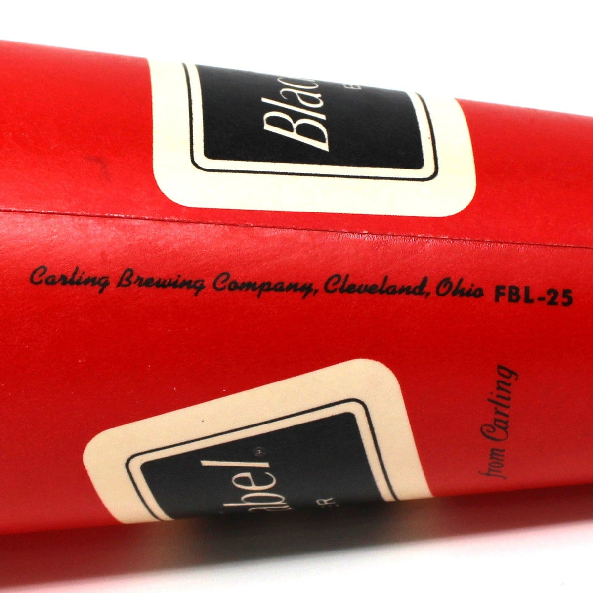 side view of a red vintage Carling Black Label Beer Dixie cup, Reads Carling Brewing Company, Cleveland, Ohio FBL-25