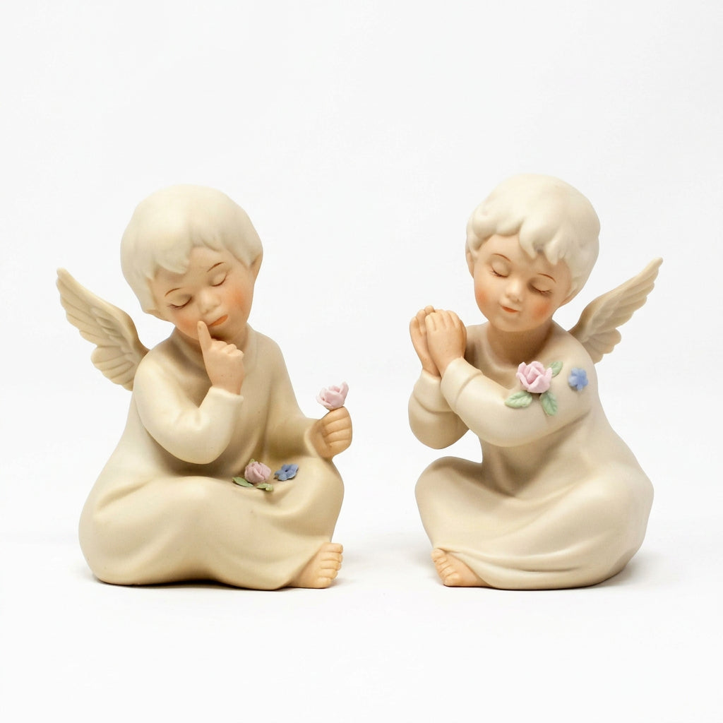Figurines: HomCo Angels, Set of 2, Signed Mizuno, Porcelain Bisque, Mexico, Vintage 1991