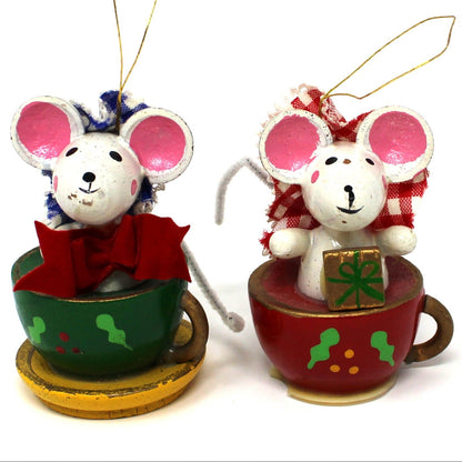 Ornaments: Tea for Two, Hand Painted Wood, Mice in Teacups, Set of 2, Vintage 1983
