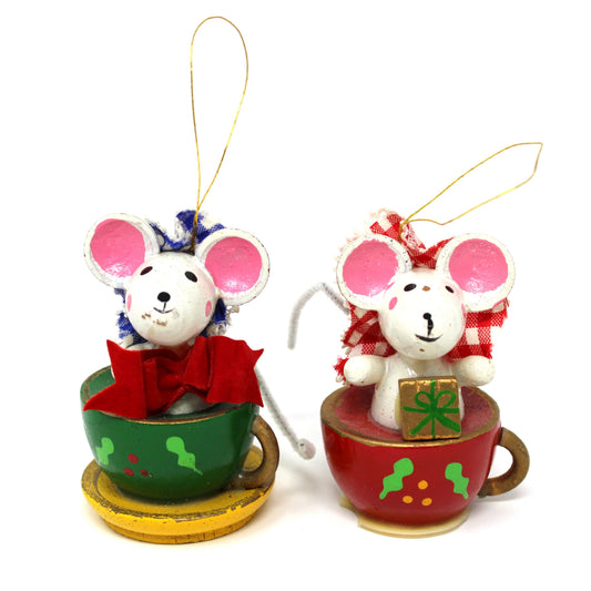 Ornaments: Tea for Two, Hand Painted Wood, Mice in Teacups, Set of 2, Vintage 1983