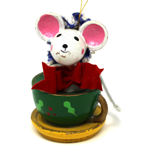 Ornaments: Tea for Two, Hand Painted Wood, Mice in Teacups, Set of 2, Vintage 1983