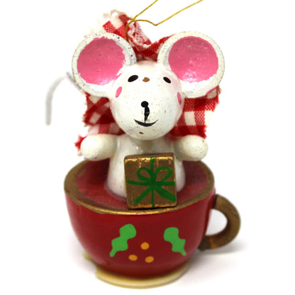 Ornaments: Tea for Two, Hand Painted Wood, Mice in Teacups, Set of 2, Vintage 1983