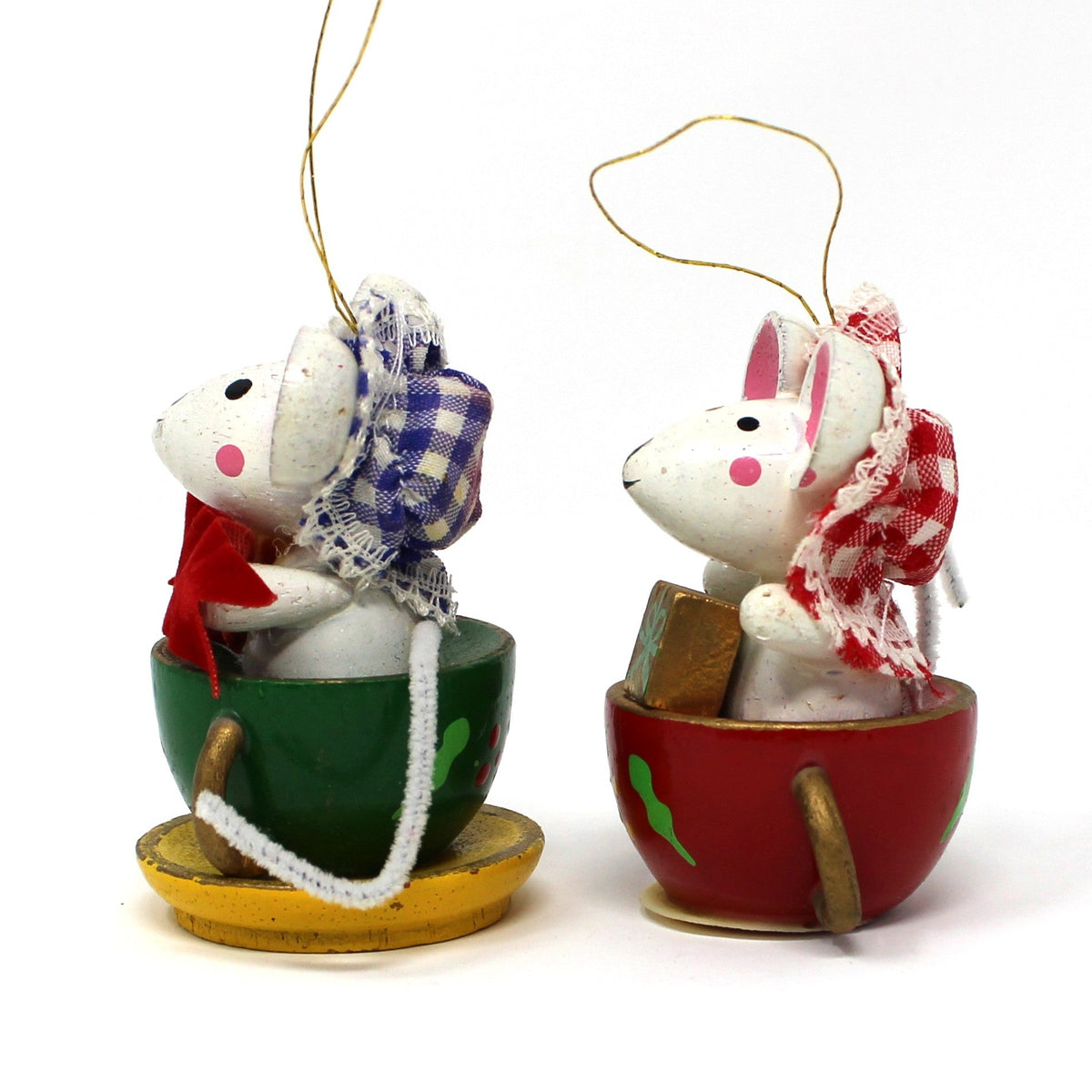Ornaments: Tea for Two, Hand Painted Wood, Mice in Teacups, Set of 2, Vintage 1983