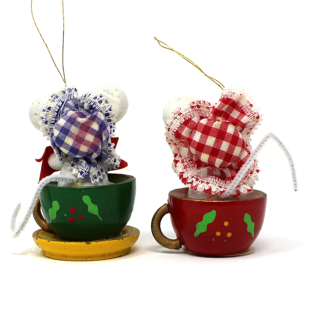 Ornaments: Tea for Two, Hand Painted Wood, Mice in Teacups, Set of 2, Vintage 1983