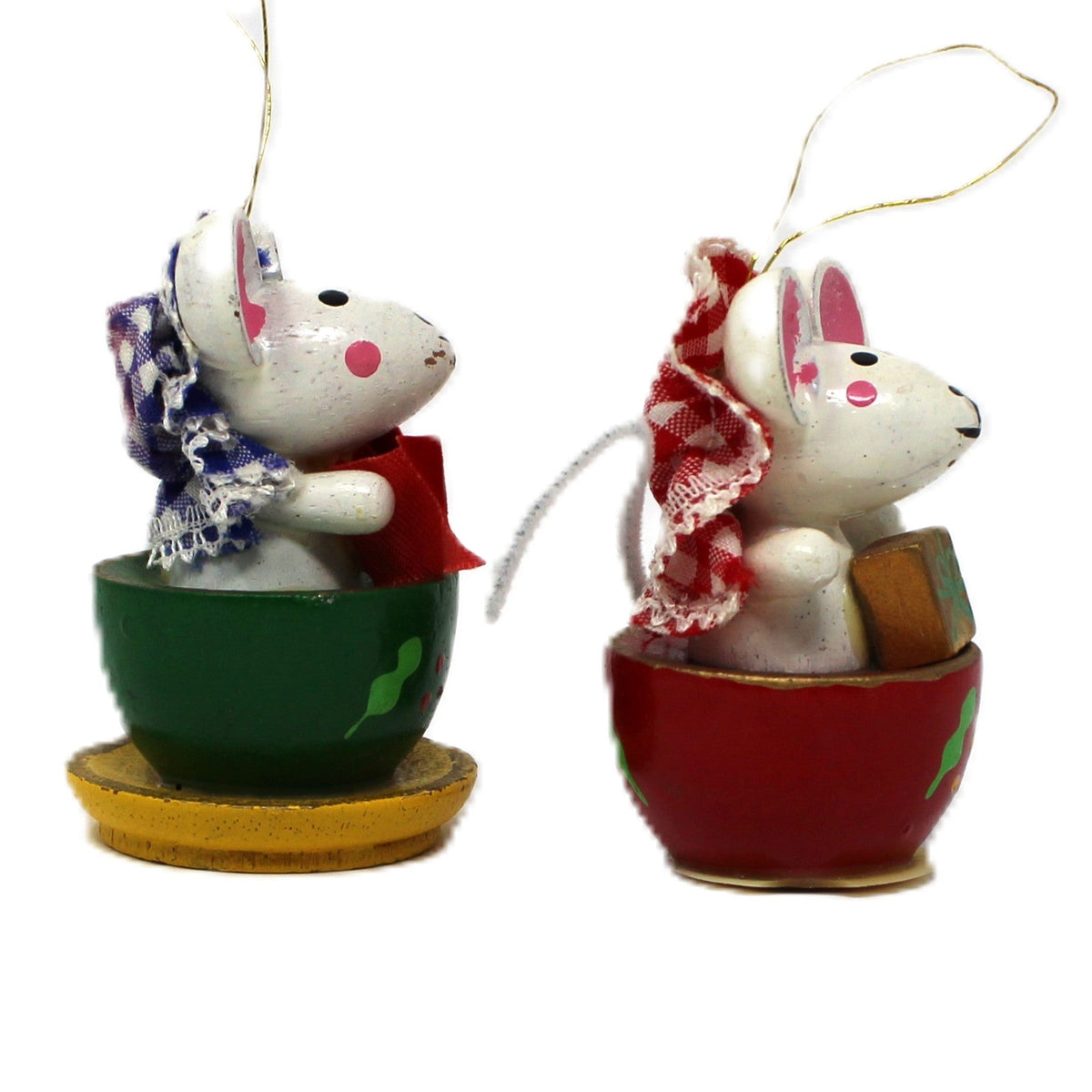 Ornaments: Tea for Two, Hand Painted Wood, Mice in Teacups, Set of 2, Vintage 1983