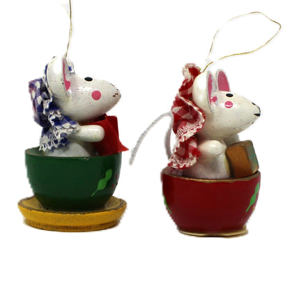 Ornaments: Tea for Two, Hand Painted Wood, Mice in Teacups, Set of 2, Vintage 1983