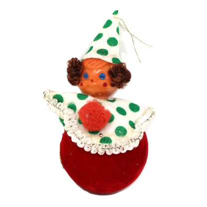 Ornament: Christmas Clown, Blow Mold Head, Yarn Hair, Flocked, Vintage 1950s