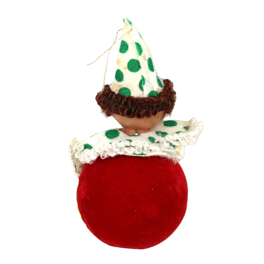 Ornament: Christmas Clown, Blow Mold Head, Yarn Hair, Flocked, Vintage 1950s