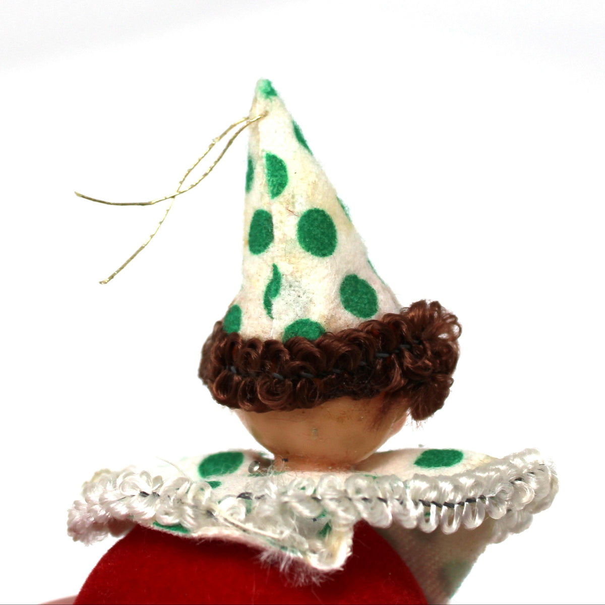 Ornament: Christmas Clown, Blow Mold Head, Yarn Hair, Flocked, Vintage 1950s