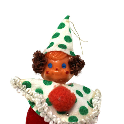 Ornament: Christmas Clown, Blow Mold Head, Yarn Hair, Flocked, Vintage 1950s