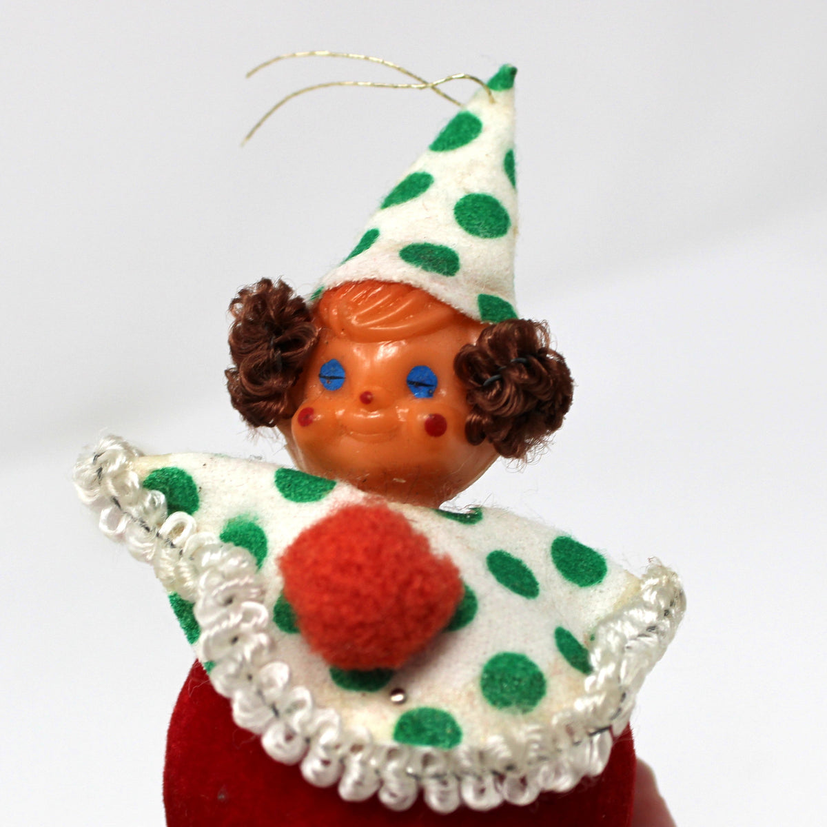 Ornament: Christmas Clown, Blow Mold Head, Yarn Hair, Flocked, Vintage 1950s