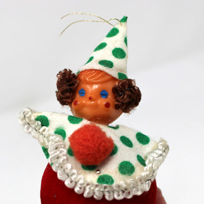 Ornament: Christmas Clown, Blow Mold Head, Yarn Hair, Flocked, Vintage 1950s