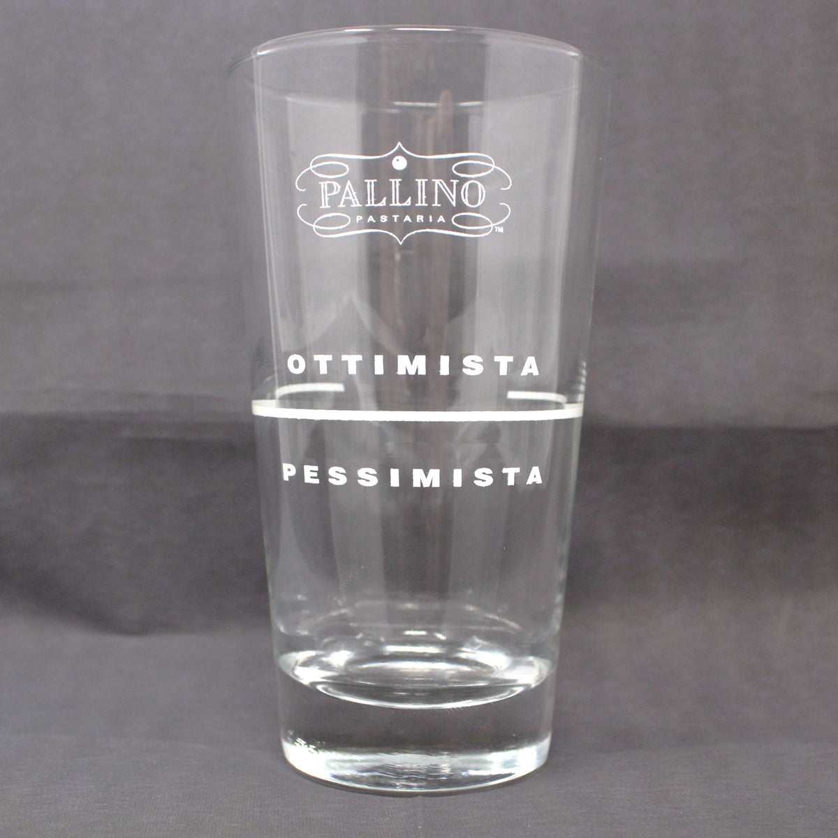 Juice / Shot Glasses: Pallino Pastaria Optimist / Pessimist, Advertising Glassware, Set of 6, Libbey