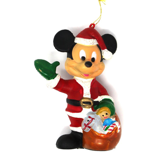 Ornament: Disney Mickey Mouse as Santa Claus, Waving with Toy Sack, Vintage 1980s