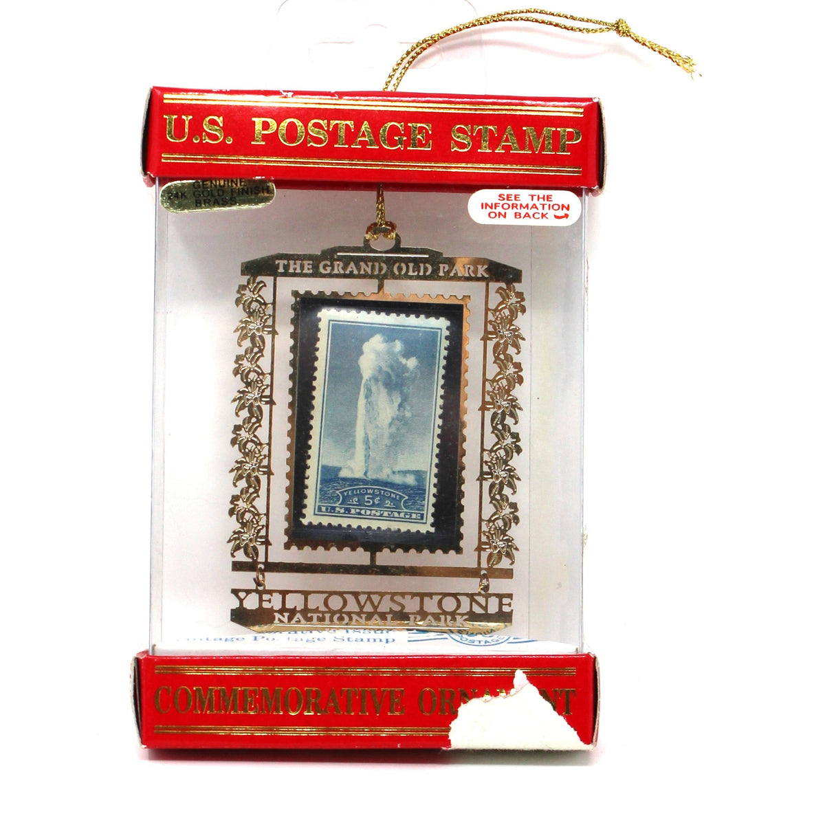 Ornament: Genuine U.S. Postage Stamp, Yellowstone National Park 5 Cent Old Faithful, Brass Souvenir, Vintage 1990s