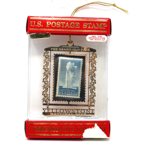 Ornament: Genuine U.S. Postage Stamp, Yellowstone National Park 5 Cent Old Faithful, Brass Souvenir, Vintage 1990s