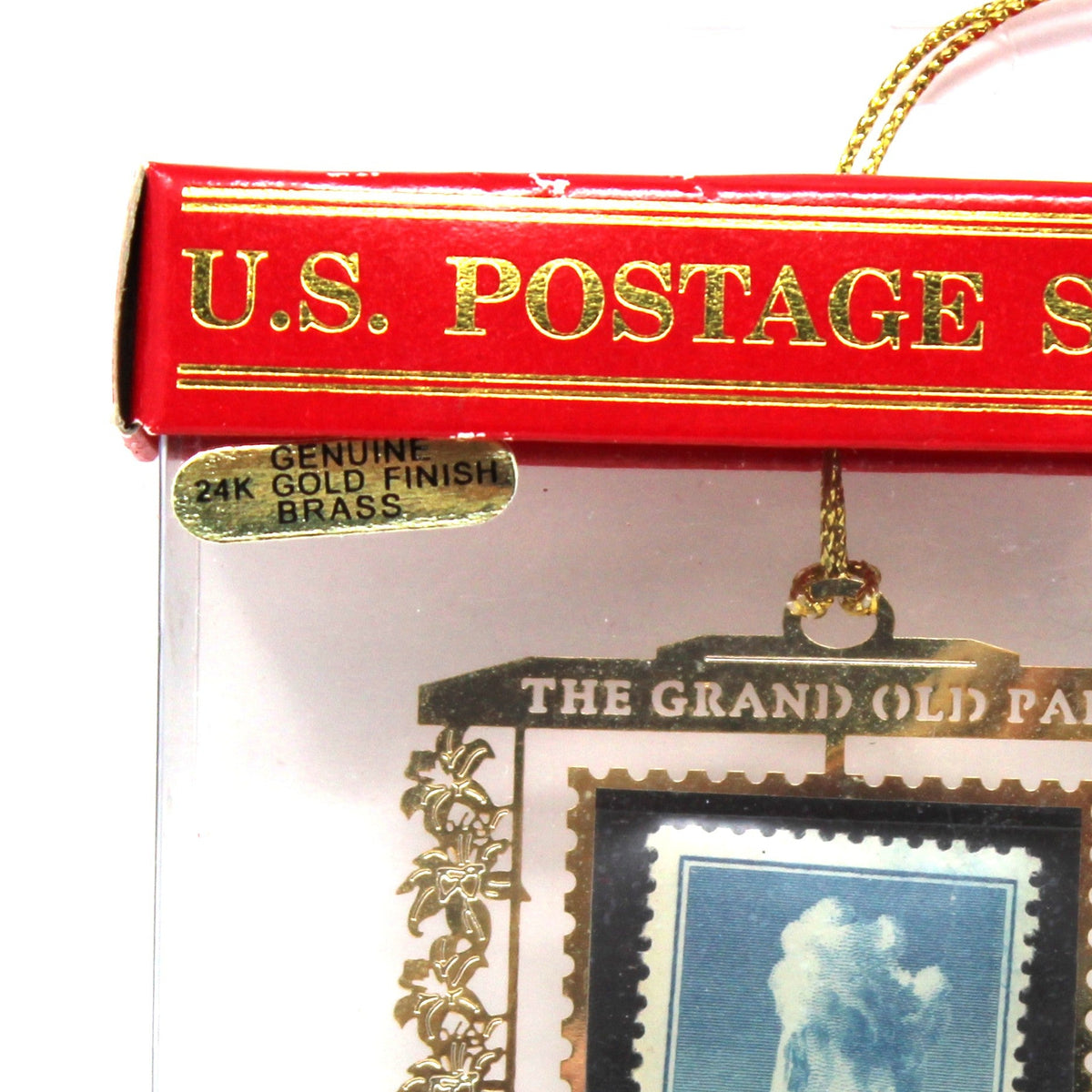 Ornament: Genuine U.S. Postage Stamp, Yellowstone National Park 5 Cent Old Faithful, Brass Souvenir, Vintage 1990s