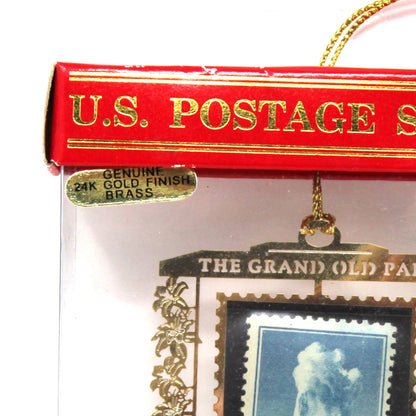 Ornament: Genuine U.S. Postage Stamp, Yellowstone National Park 5 Cent Old Faithful, Brass Souvenir, Vintage 1990s
