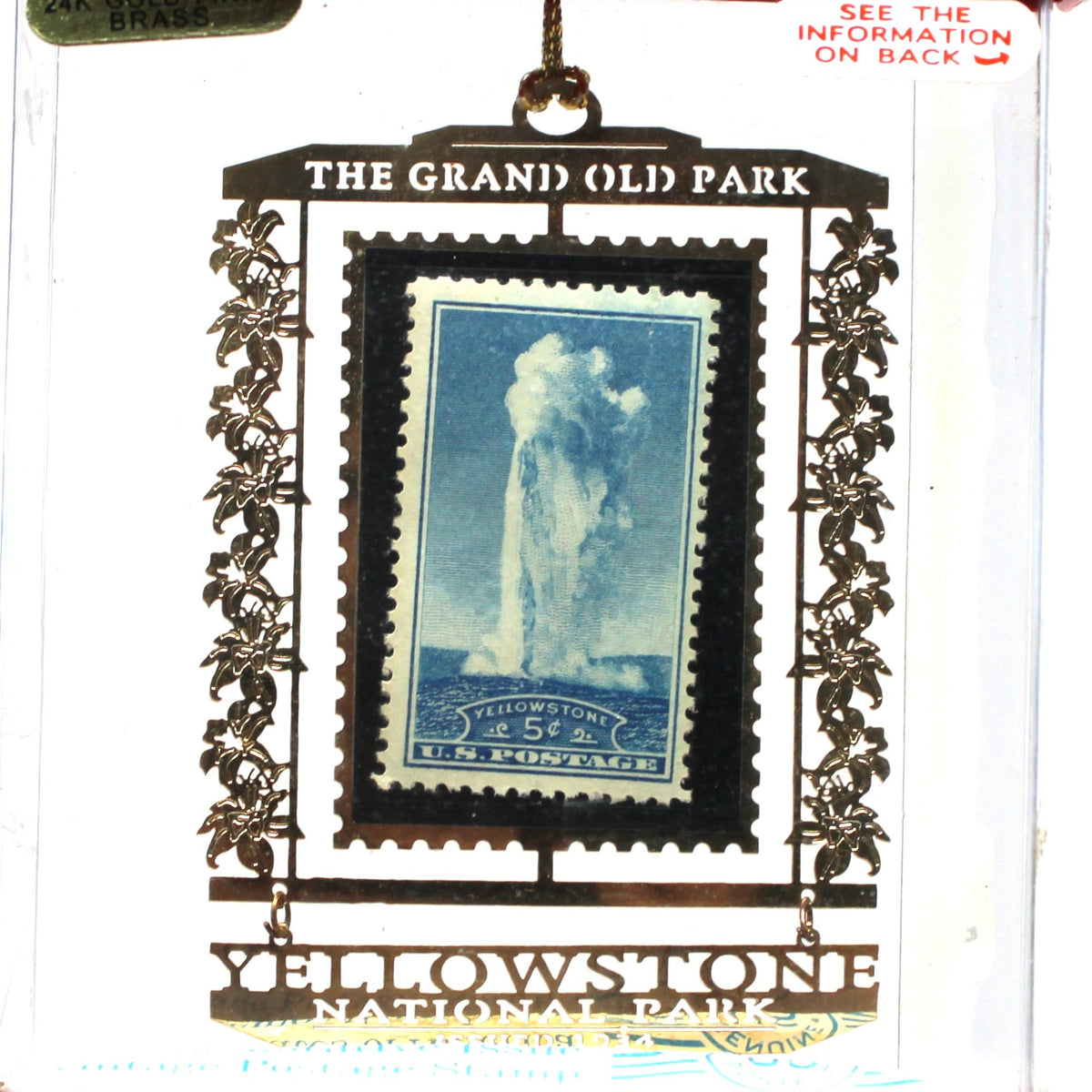 Ornament: Genuine U.S. Postage Stamp, Yellowstone National Park 5 Cent Old Faithful, Brass Souvenir, Vintage 1990s