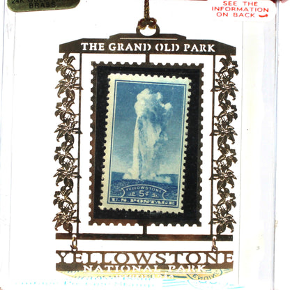 Ornament: Genuine U.S. Postage Stamp, Yellowstone National Park 5 Cent Old Faithful, Brass Souvenir, Vintage 1990s