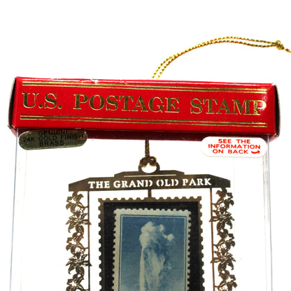 Ornament: Genuine U.S. Postage Stamp, Yellowstone National Park 5 Cent Old Faithful, Brass Souvenir, Vintage 1990s