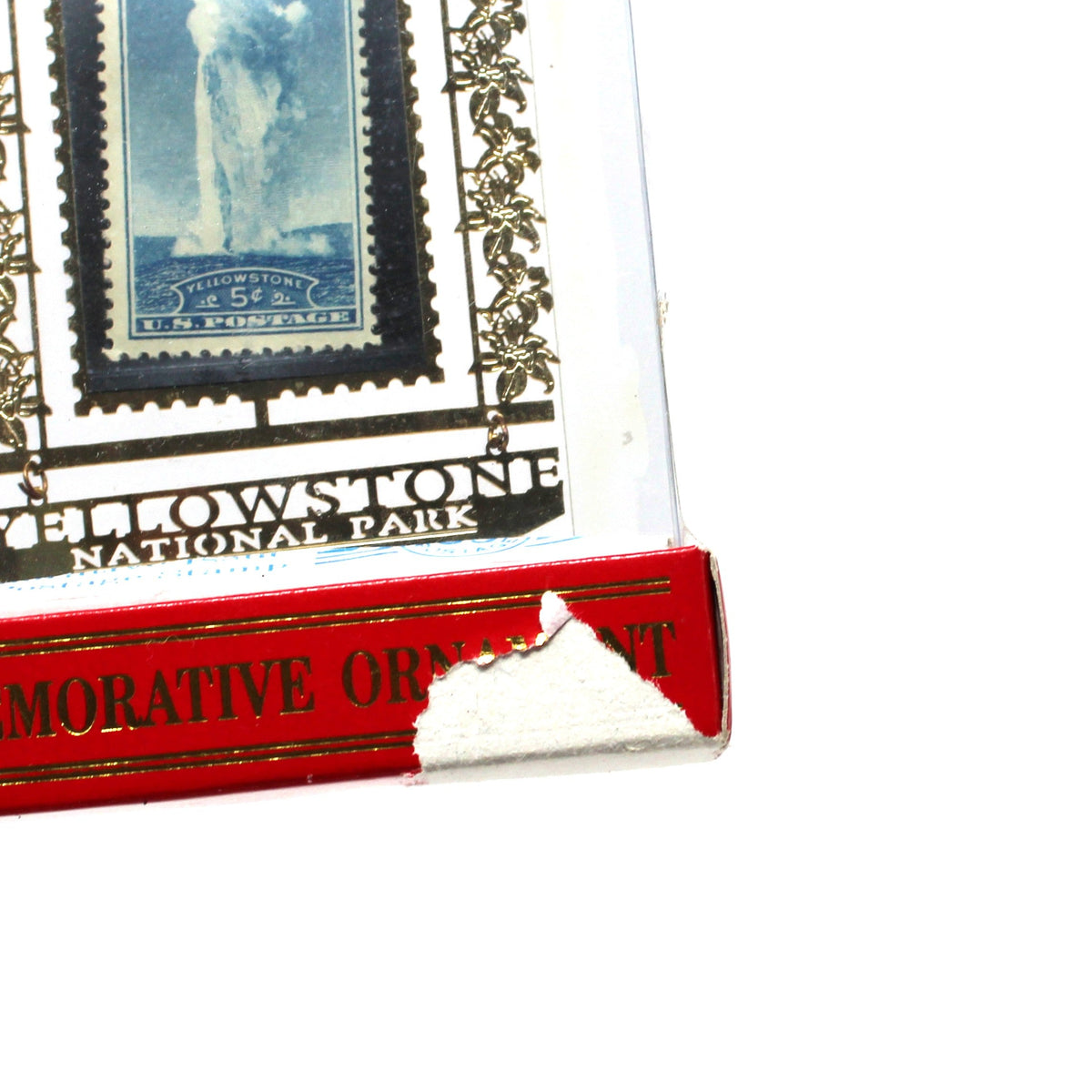 Ornament: Genuine U.S. Postage Stamp, Yellowstone National Park 5 Cent Old Faithful, Brass Souvenir, Vintage 1990s