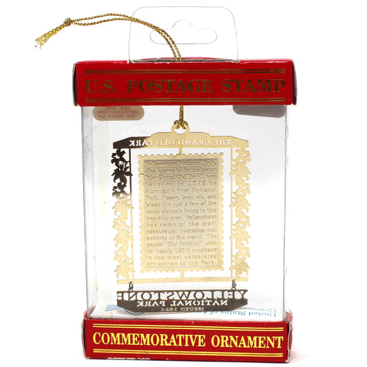 Ornament: Genuine U.S. Postage Stamp, Yellowstone National Park 5 Cent Old Faithful, Brass Souvenir, Vintage 1990s