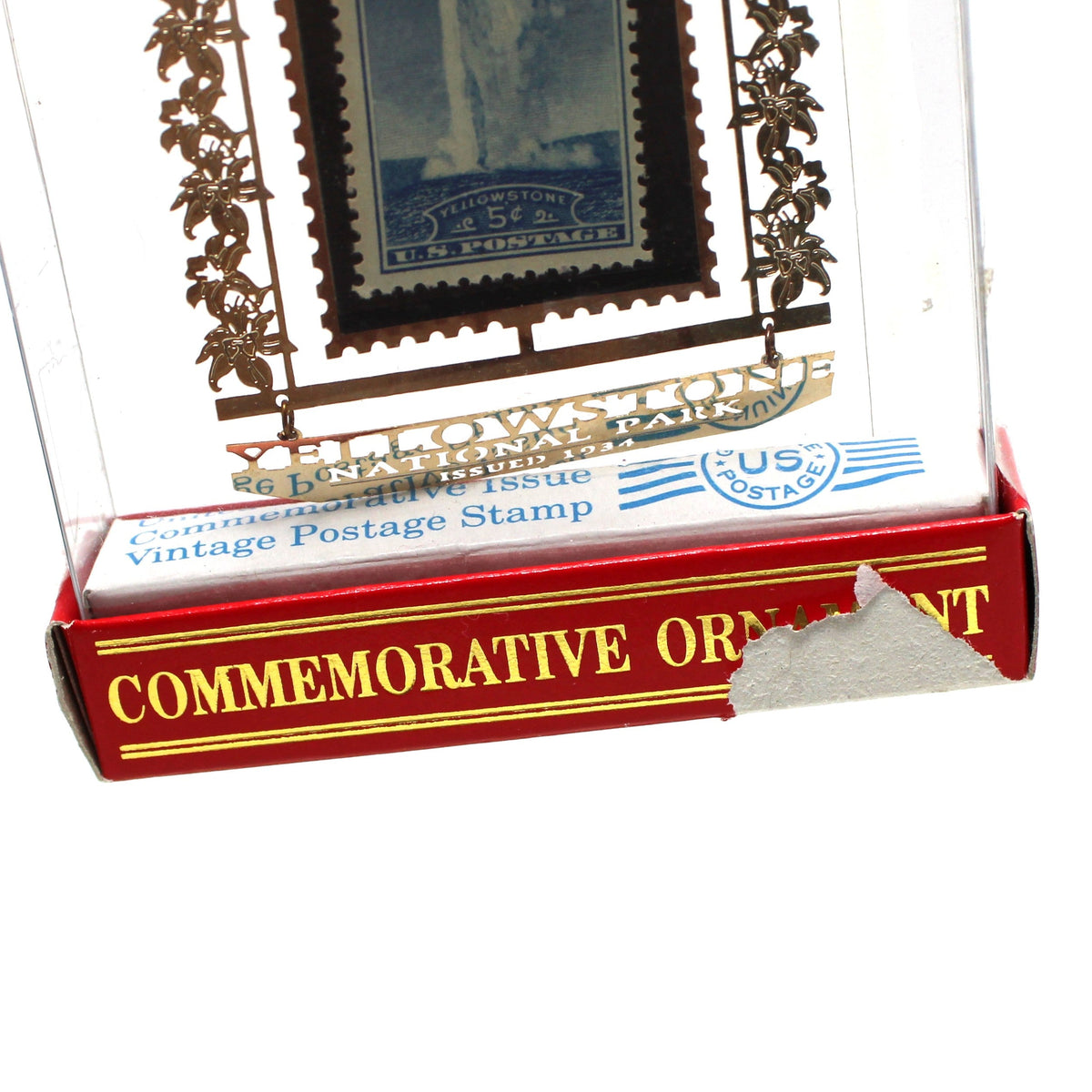 Ornament: Genuine U.S. Postage Stamp, Yellowstone National Park 5 Cent Old Faithful, Brass Souvenir, Vintage 1990s