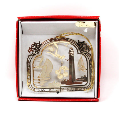 Ornament: Traverse City Michigan Souvenir, 24KT Gold Finished Brass, Vintage Christmas 1990s