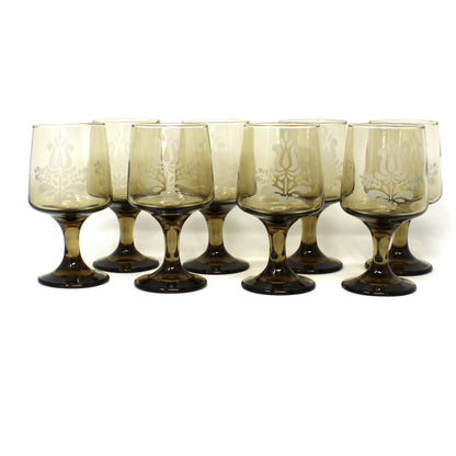 Set of 8 vintage Water Goblets by Pfaltzgraff in the Village pattern in Smoke Brown glass, 1976