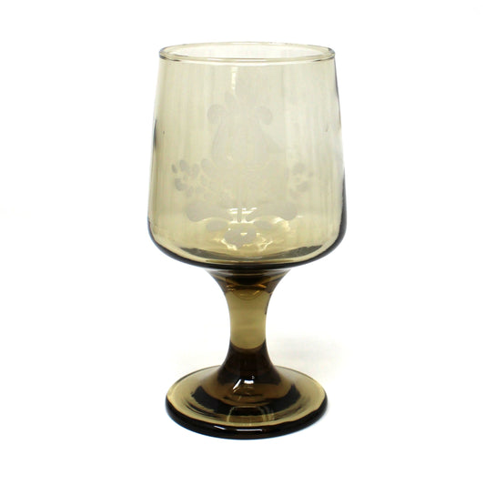 Water goblet in smoke brown glass by Pfaltzgraff in the Village pattern. Vintage stemware 1976