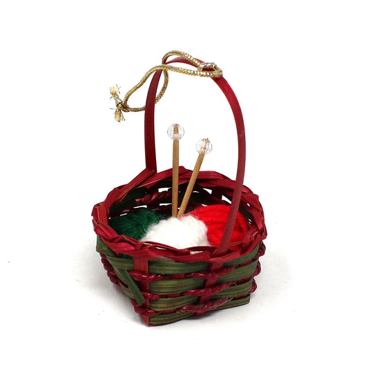 Ornaments, Knitting Basket with Yarn, Christmas Ornament, Vintage