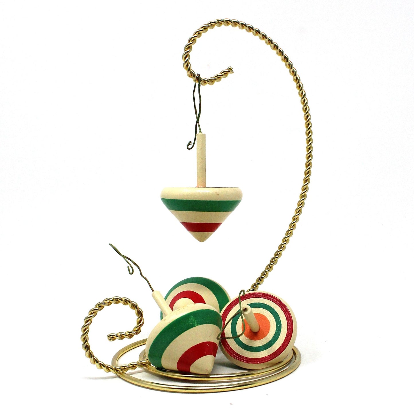 Ornaments, Mini Wooden Christmas Toy Spinning Tops, Vintage, Set of 4