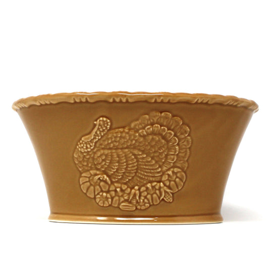 Serving Bowl by Hallmark, Amber / Mustard Yellow color turkey, Embossed Ceramic.