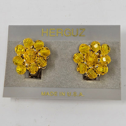 Necklace & Earrings Set, Herguz, Yellow Beaded Torsade with Cluster Floral Design Earrings, Clip, Vintage