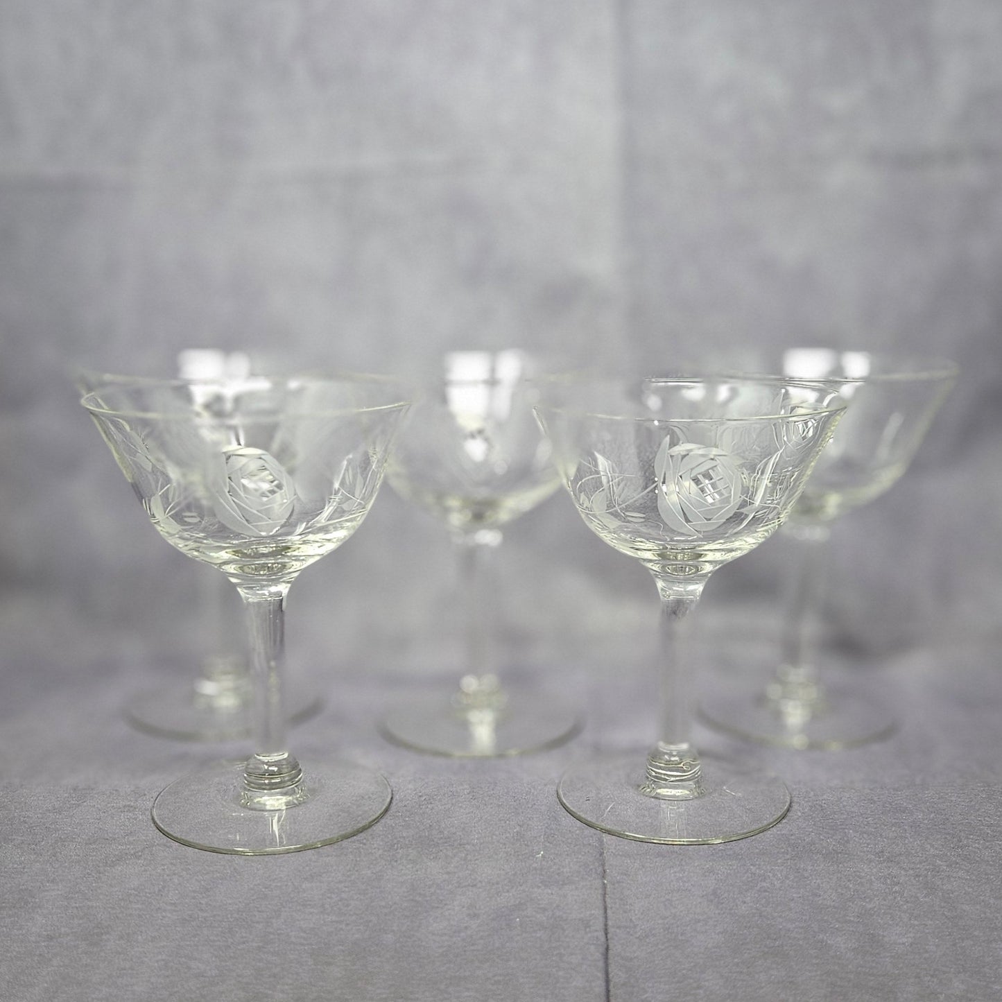 Champagne / Tall Sherbet, Cut / Etched Rose and Leaves, Blown Glass, Set of 5, Vintage