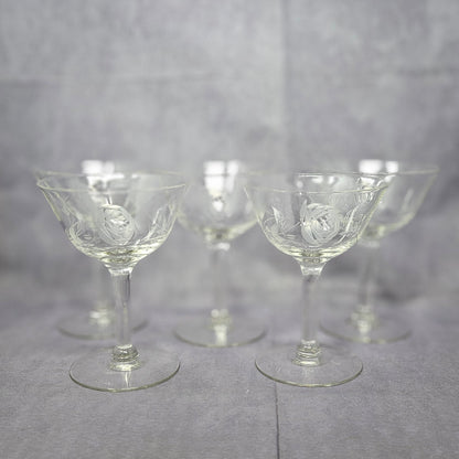 Champagne / Tall Sherbet, Cut / Etched Rose and Leaves, Blown Glass, Set of 5, Vintage