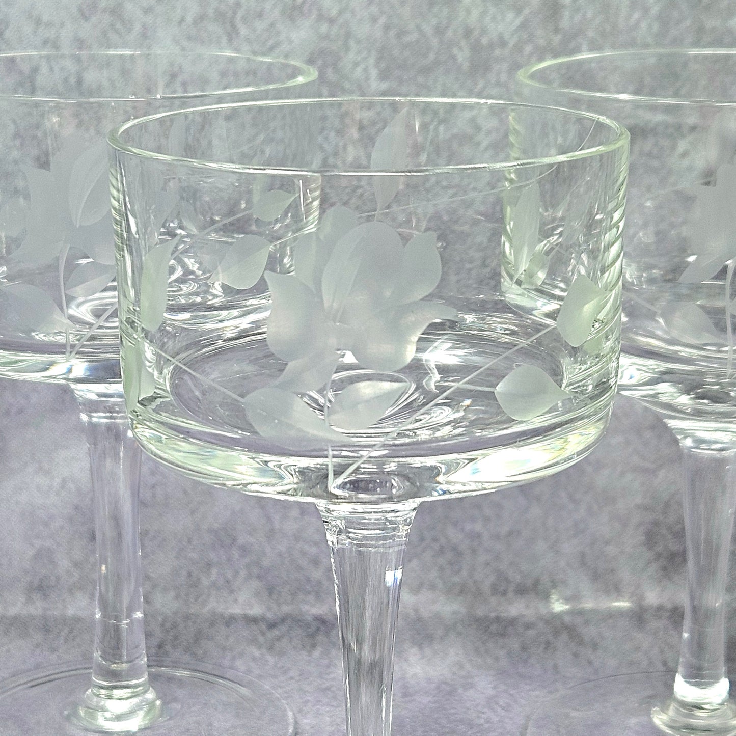 Glasses, Cocktail Stemware, Etched Rose and Leaves, Set of 7, Cordial Glasses, Straight Sides, Flat Bottom Bowl, Vintage