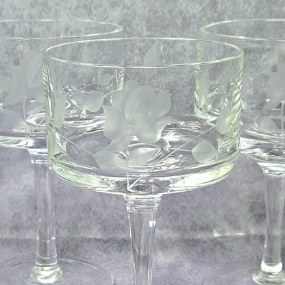 Glasses, Cocktail Stemware, Etched Rose and Leaves, Set of 7, Cordial Glasses, Straight Sides, Flat Bottom Bowl, Vintage
